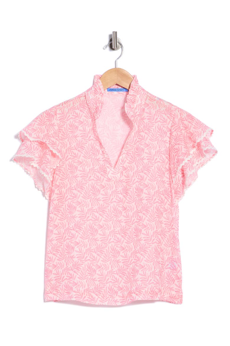 Elara Flutter Sleeve Woven Top, Alternate, color, WHITE/ PINK