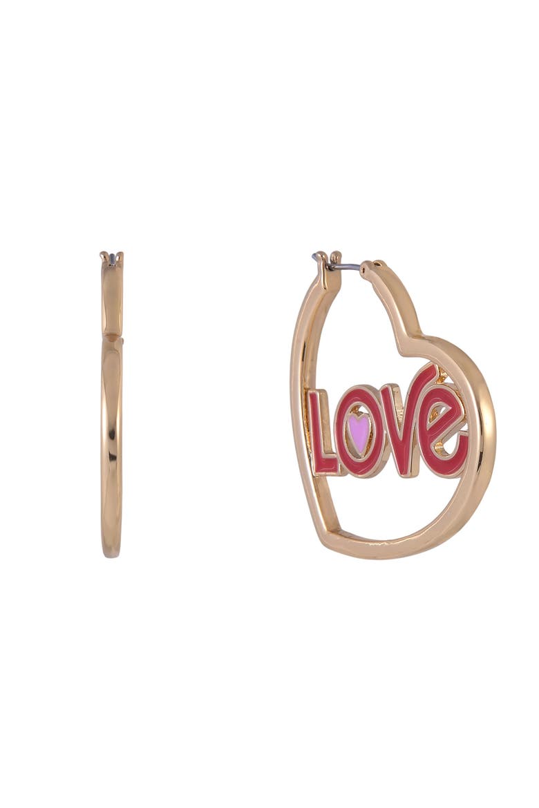 Gold Tone Heart Shaped Hoop Earrings, Main, color, Red