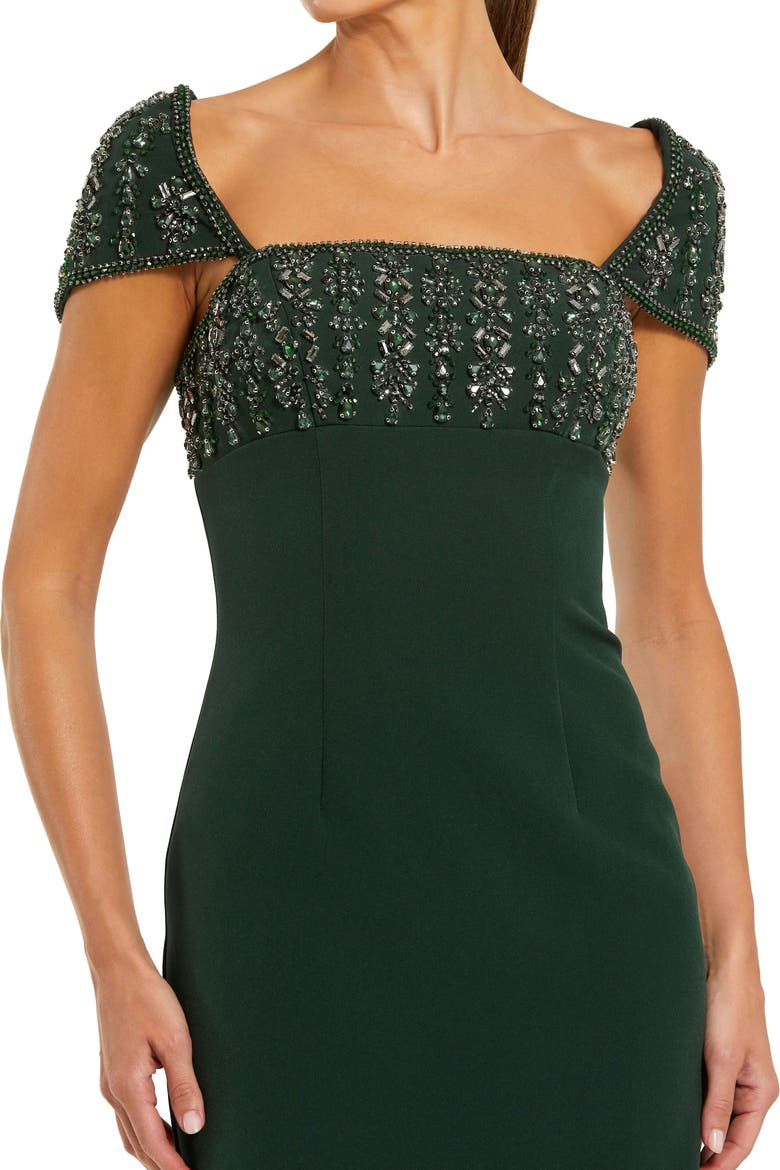 Women's Crepe Embellished Cap Sleeve Fitted Midi Dress, Alternate, color, Dark Emerald