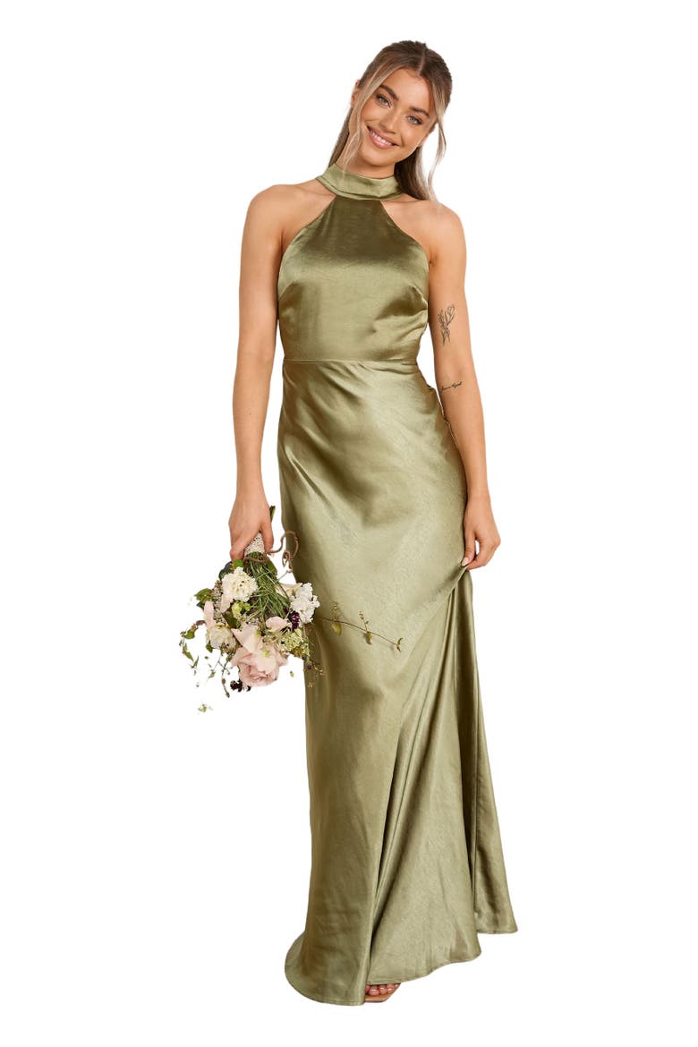 Halter Neck Satin Bridesmaid Dress, Main, color, Moss Green