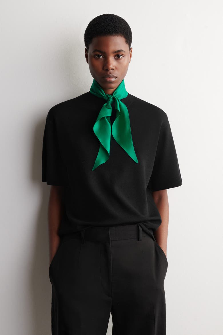 Scarf-Detail Merino Wool T-Shirt, Main, color, BLACK / GREEN