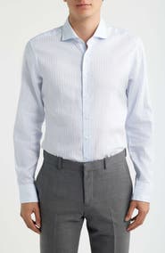 1863 by Eterna Slim Fit Stripe Non-Iron Cotton & Linen Dress Shirt