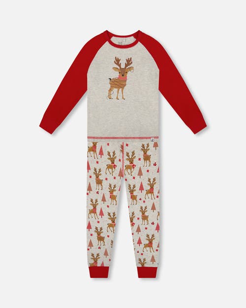 Deux Par Deux Organic Cotton Two-piece Pajamas Girly Reindeer In Multi