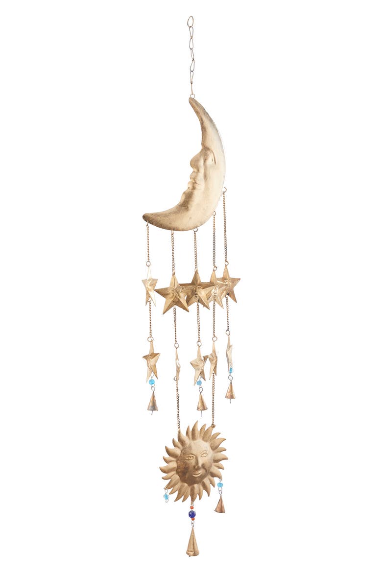 Goldtone Metal Moon & Sun Windchime with Glass Beads & Cone Bells, Alternate, color, GOLD