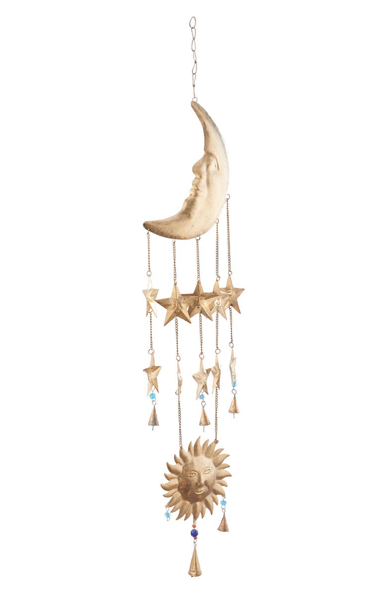 GINGER BIRCH STUDIO Goldtone Metal Moon & Sun Windchime with Glass Beads & Cone Bells, Alternate, color, Gold