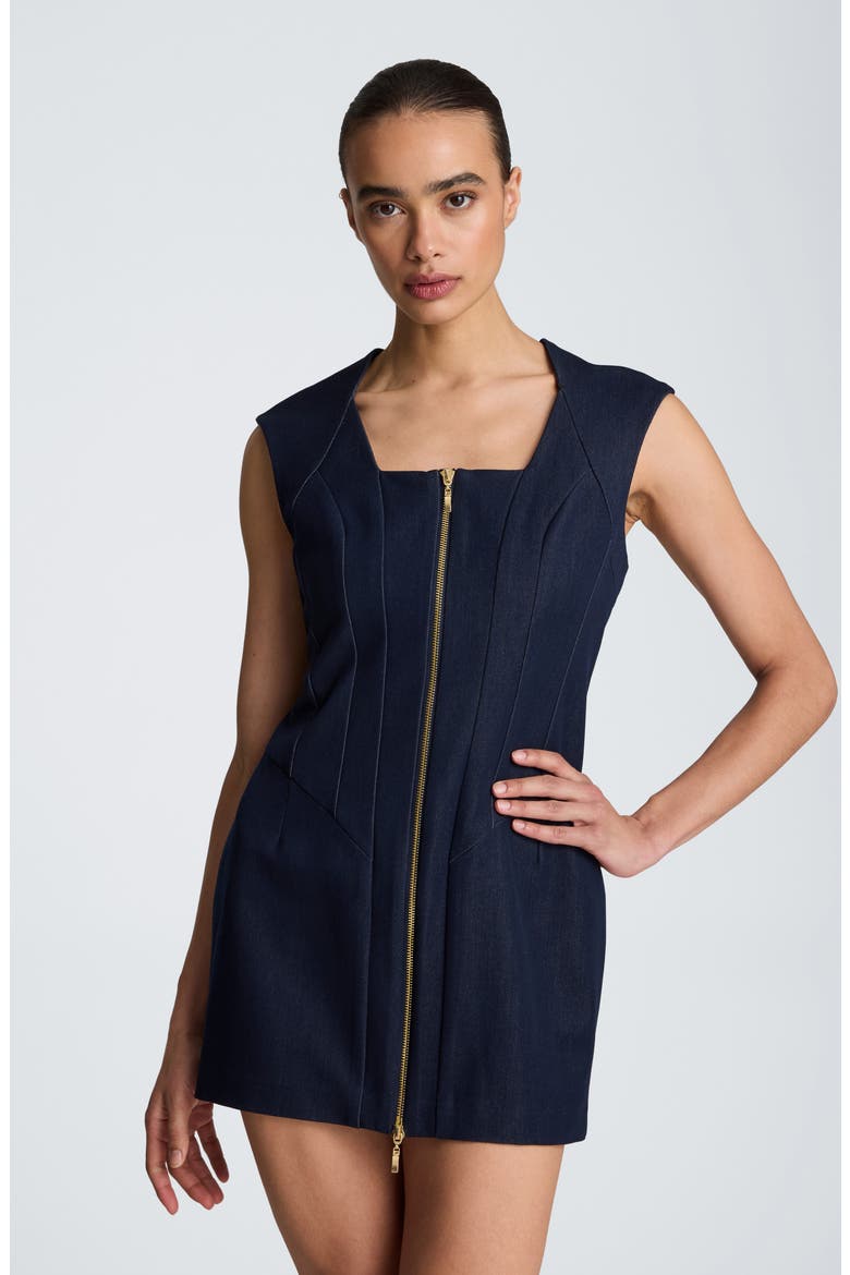 Panelled Front Zip Minidress, Alternate, color, INDIGO FAUX DENIM