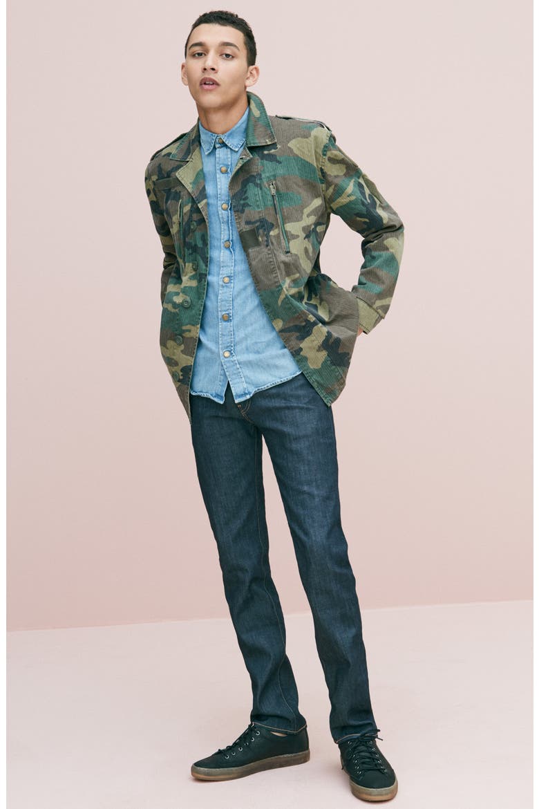 Distressed Denim Slim Fit Western Shirt, Alternate, color, DOUBLE DYE
