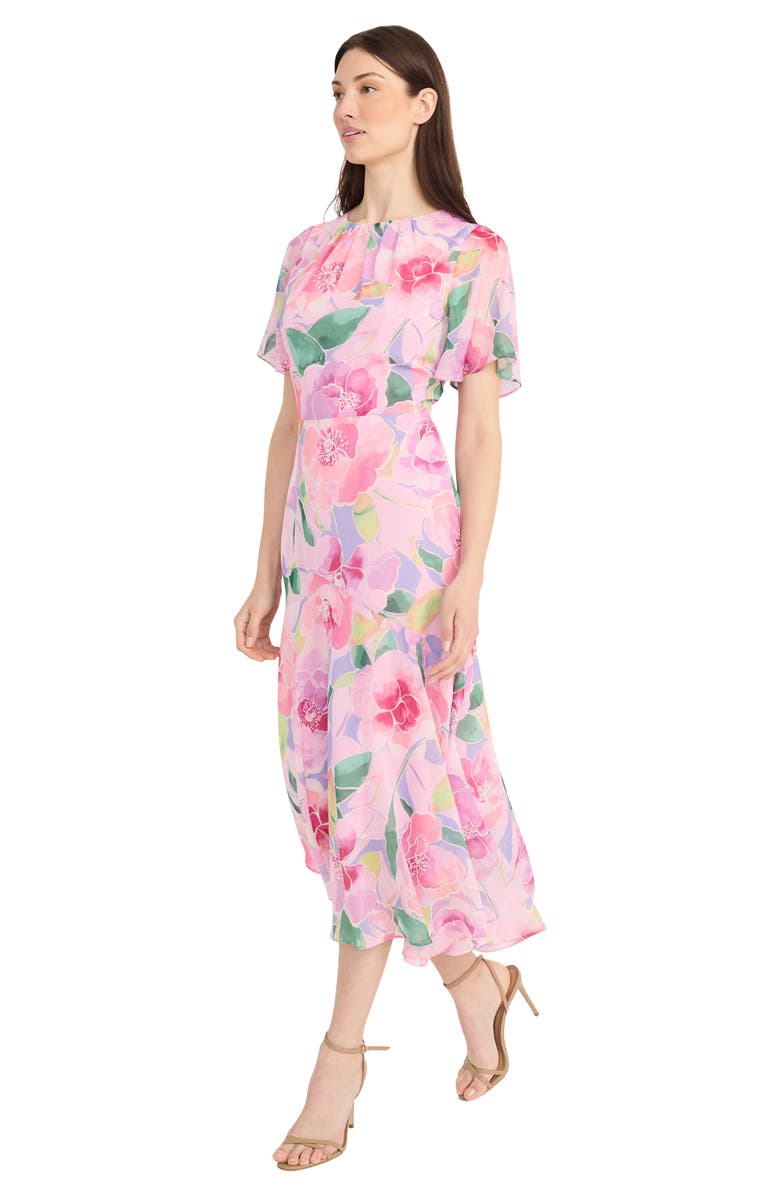 Maggy London Floral Asymmetric Hem Midi Dress, Alternate, color, Lavendar/ Pink