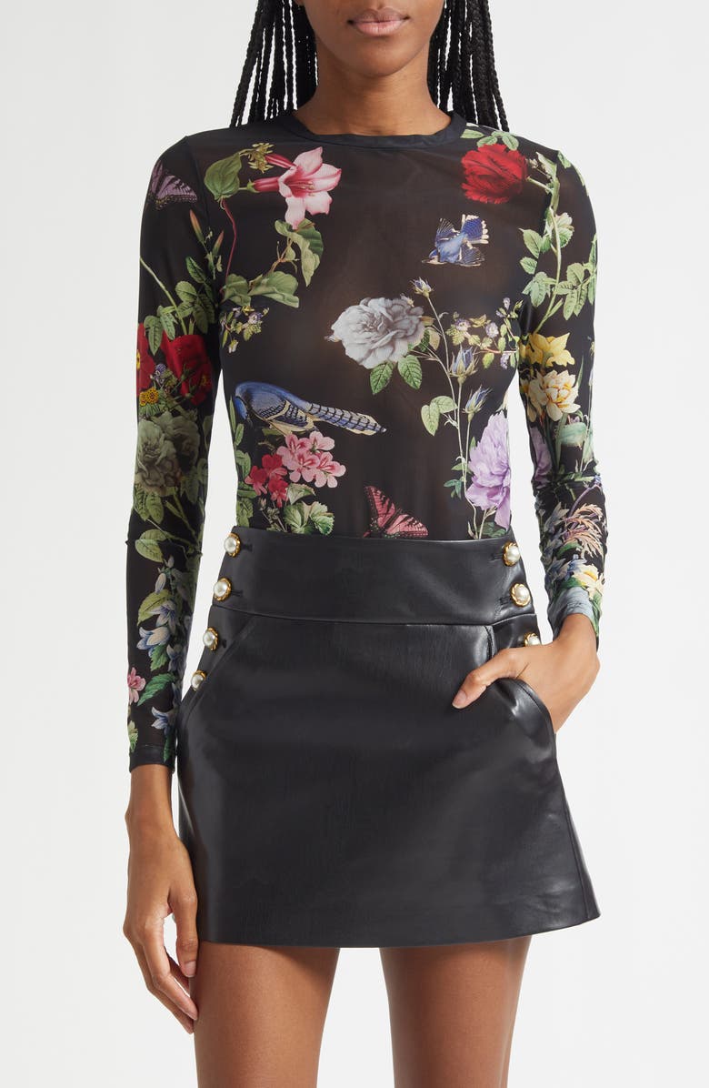 Alice + Olivia Delaina Sheer Mesh Crop Top, Main, color, Venus Floral