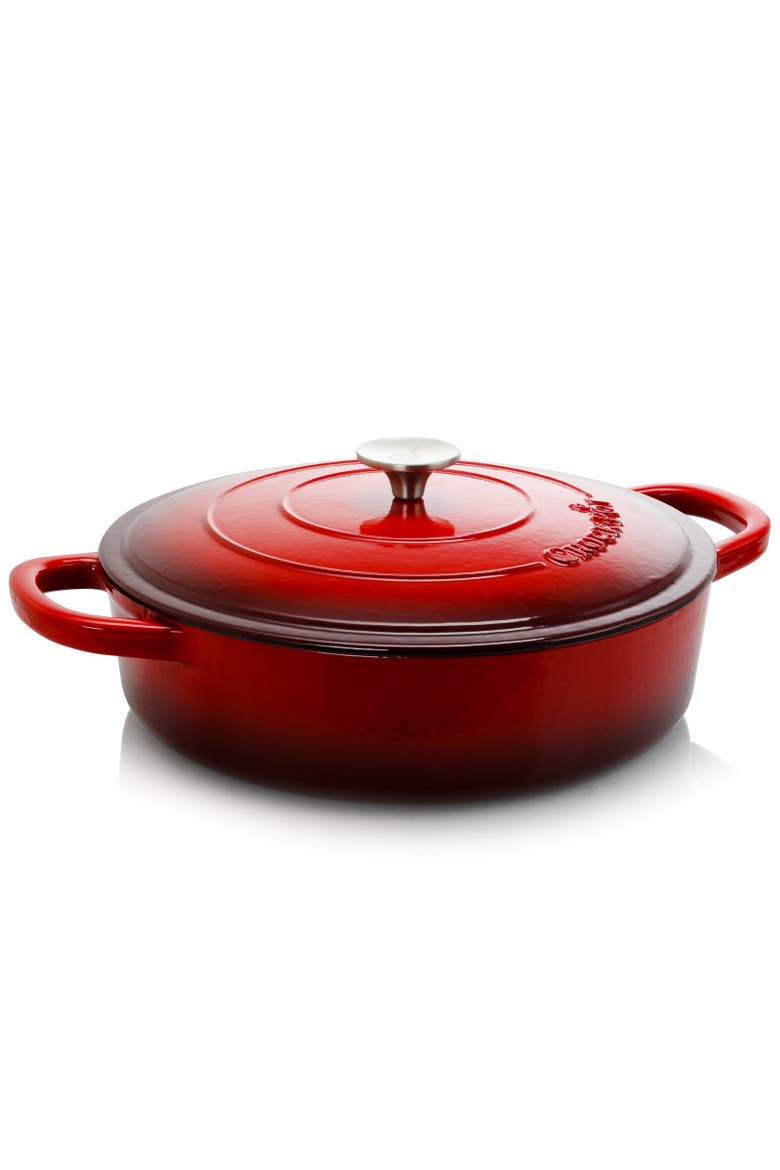 Enameled Cast Iron 5 Quart Round Braiser Pan with Self Basting Lid, Main, color, Red