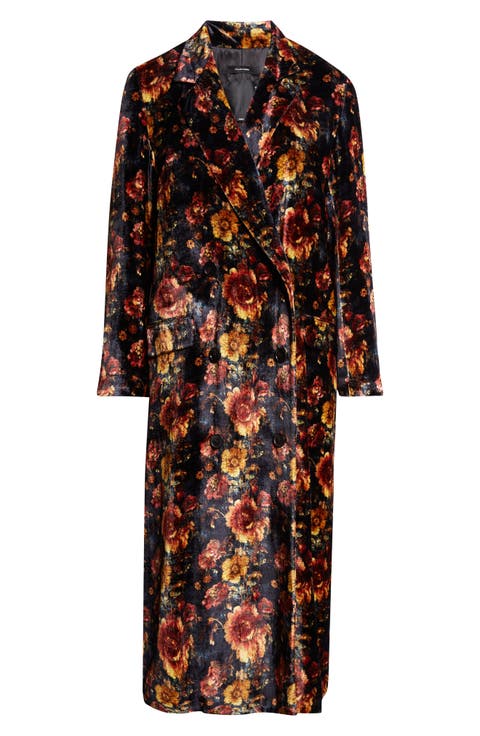 Drapey Floral Double Breasted Velvet Duster Coat
