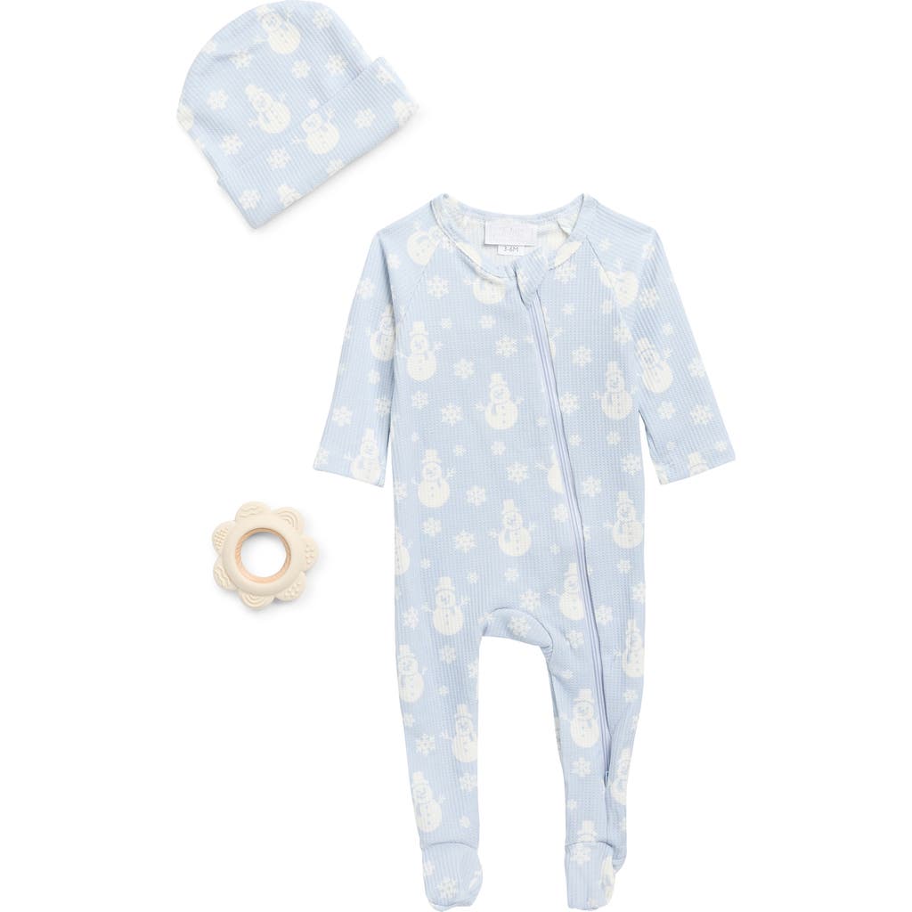 Toby Snowman Waffle Knit Footie, Hat & Teether Set In Blue