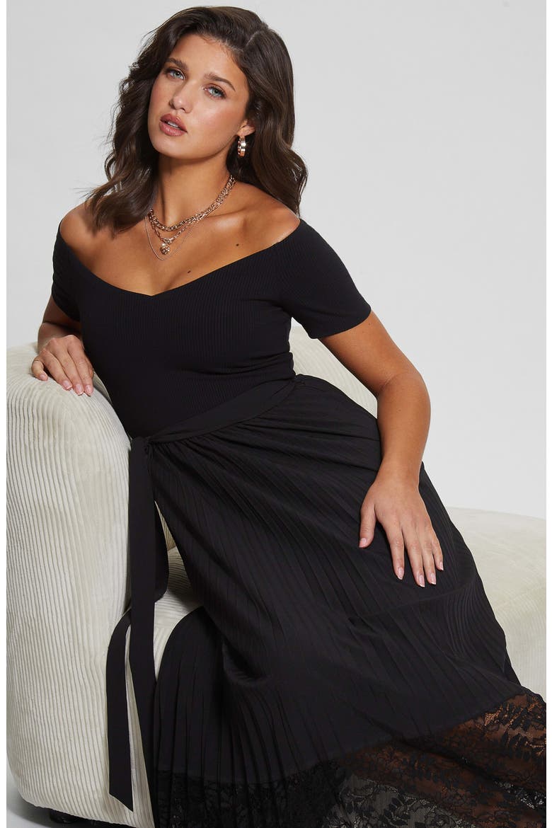 Tiana Off the Shoulder Lace Trim Dress, Alternate, color, JET BLACK