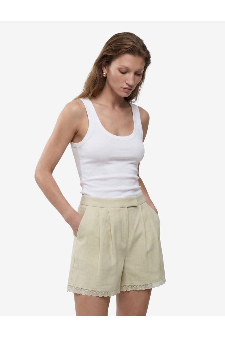 Linen Blend Mid Rise Pocket Detail Shorts with Lace Trim, Alternate, color, GREEN