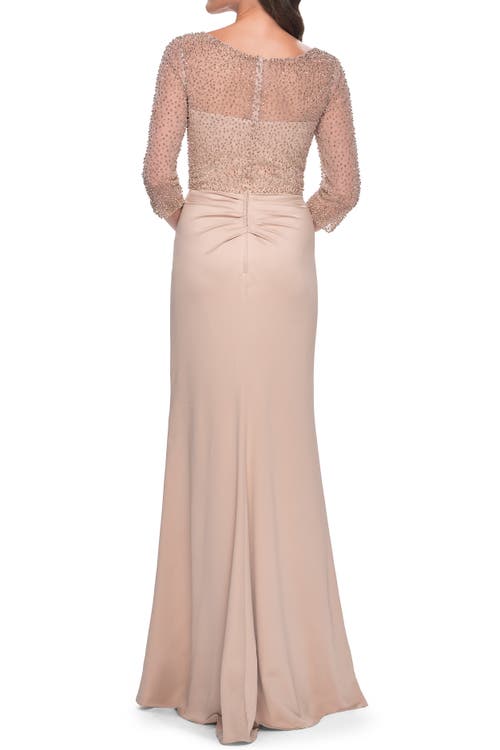 La Femme Stunning Satin Dress With Gathered Waist And Beaded Illusion Sleeves In Champagne