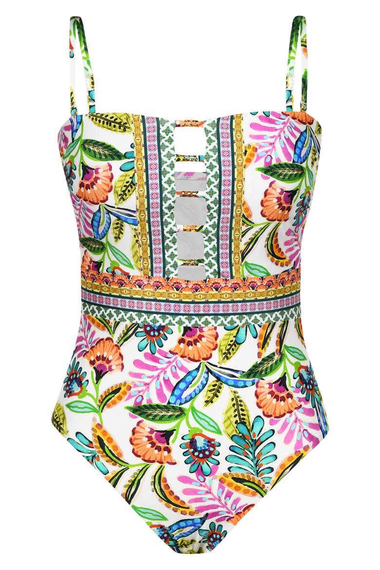 Jungle Bandeau One-Piece Swimsuit, Alternate, color, WHITE MULTI