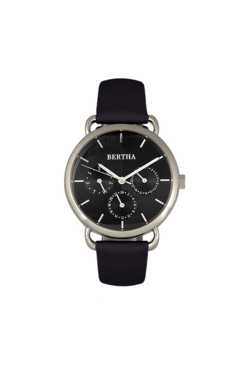 BERTHA Gwen Leather-Band Watch w/Day/Date, Main, color, Black