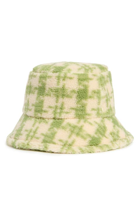 Houndstooth Faux Shearling Bucket Hat