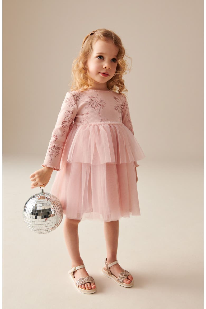 Kids' Ballet Print Long Sleeve Tulle Dress, Alternate, color, PINK
