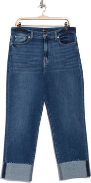 7 For All Mankind Logan Cuffed Raw Hem High Waist Ankle Straight Leg Jeans