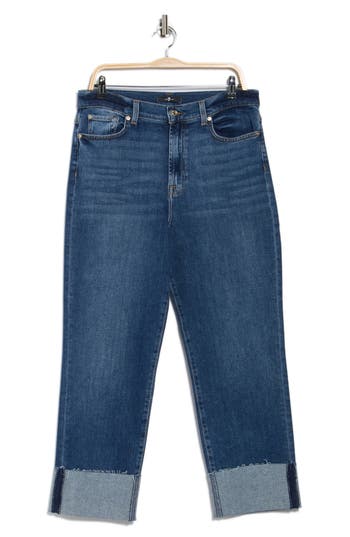 7 For All Mankind Logan Cuffed Raw Hem High Waist Ankle Straight Leg Jeans In Blue