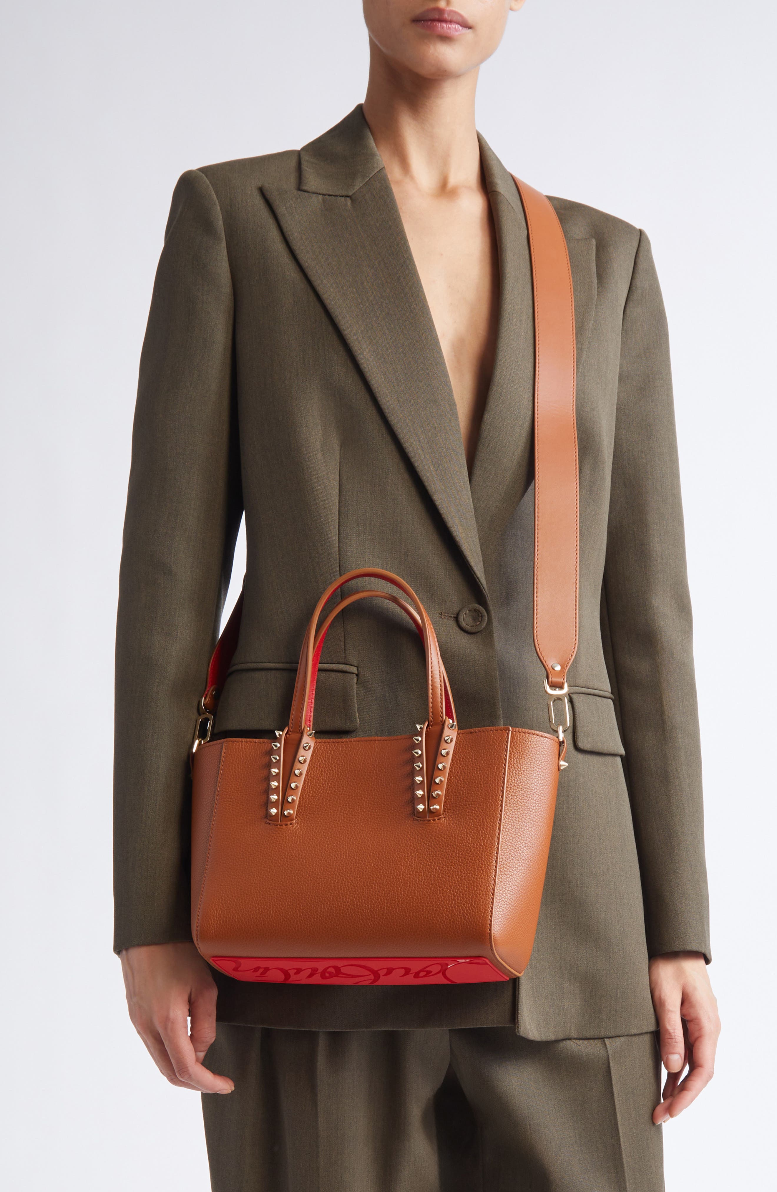 Christian Louboutin Mini Cabata Soft Leather East/West Tote, Alternate, color, Cuoio/Gold