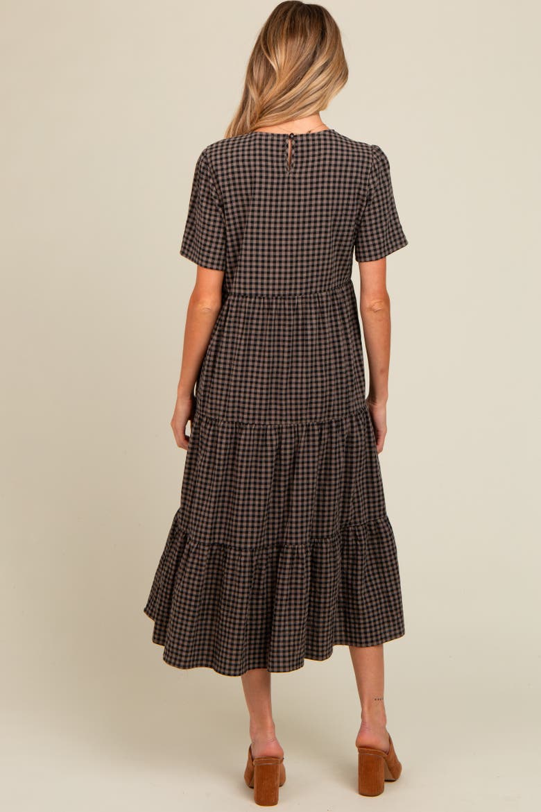 Gingham Tiered Midi Dress, Alternate, color, Black