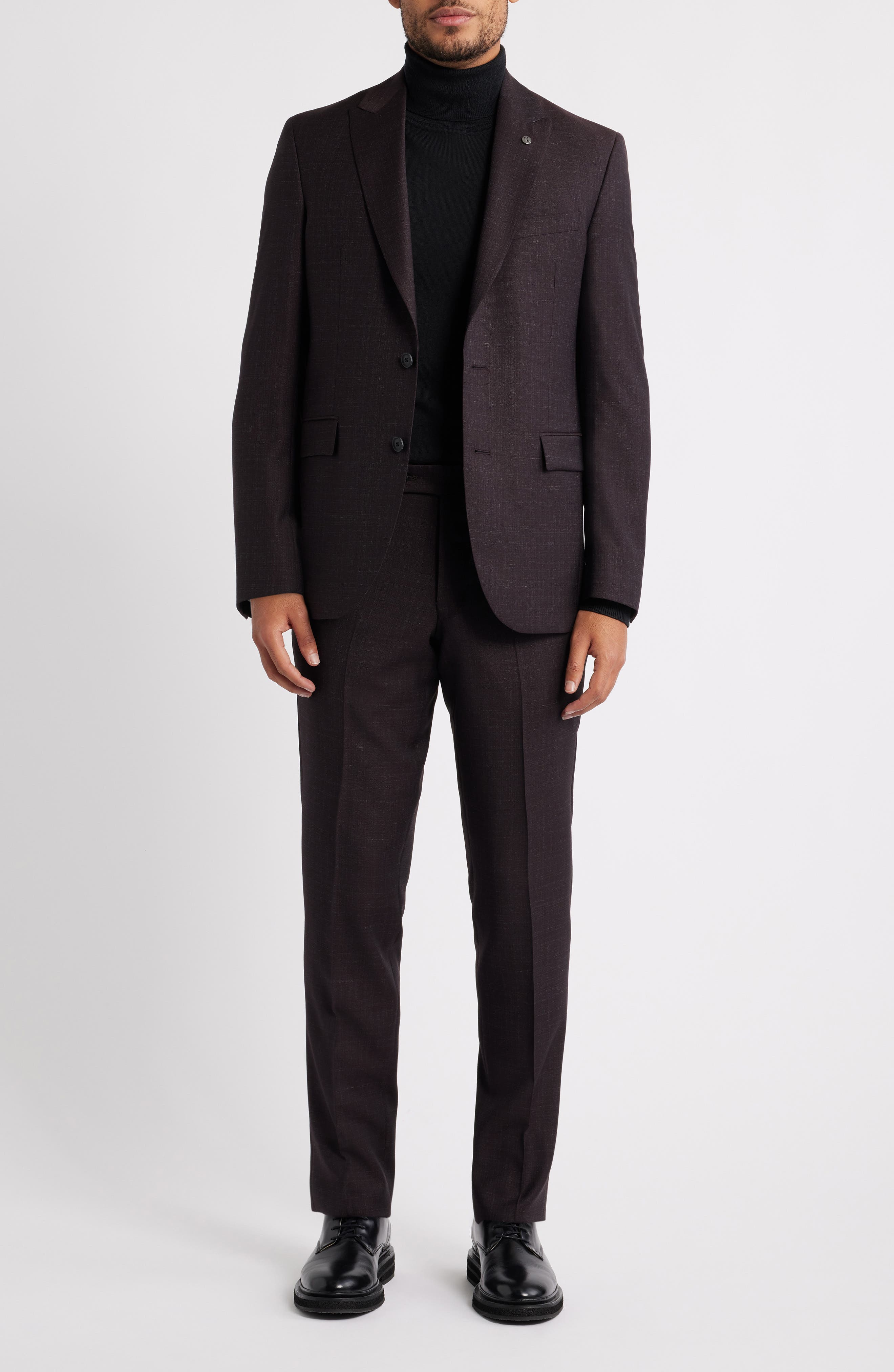 AllSaints Rawdon Slim Fit Burgundy Super 100s Wool Peak Lapel Suit