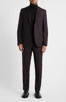 AllSaints Rawdon Slim Fit Burgundy Super 100s Wool Peak Lapel Suit