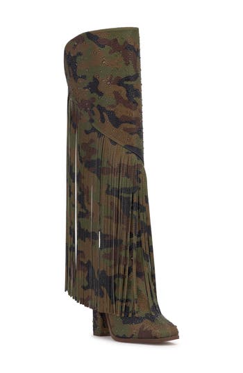 Jessica Simpson Women's Asire Knee-high Fringe Boots In Forest Camo Rhinestone
