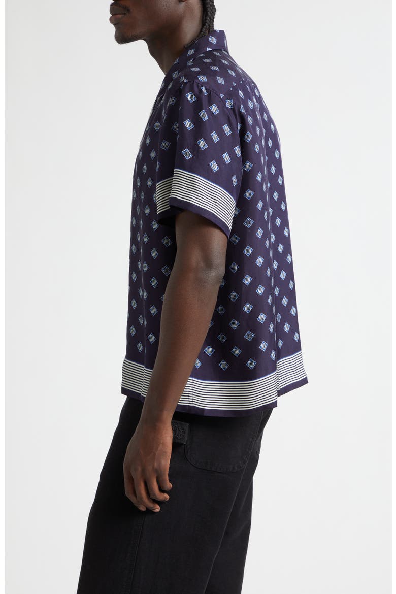 Foyer Diamond Print Short Sleeve Silk Button-Up Shirt, Alternate, color, NAVY BLUE