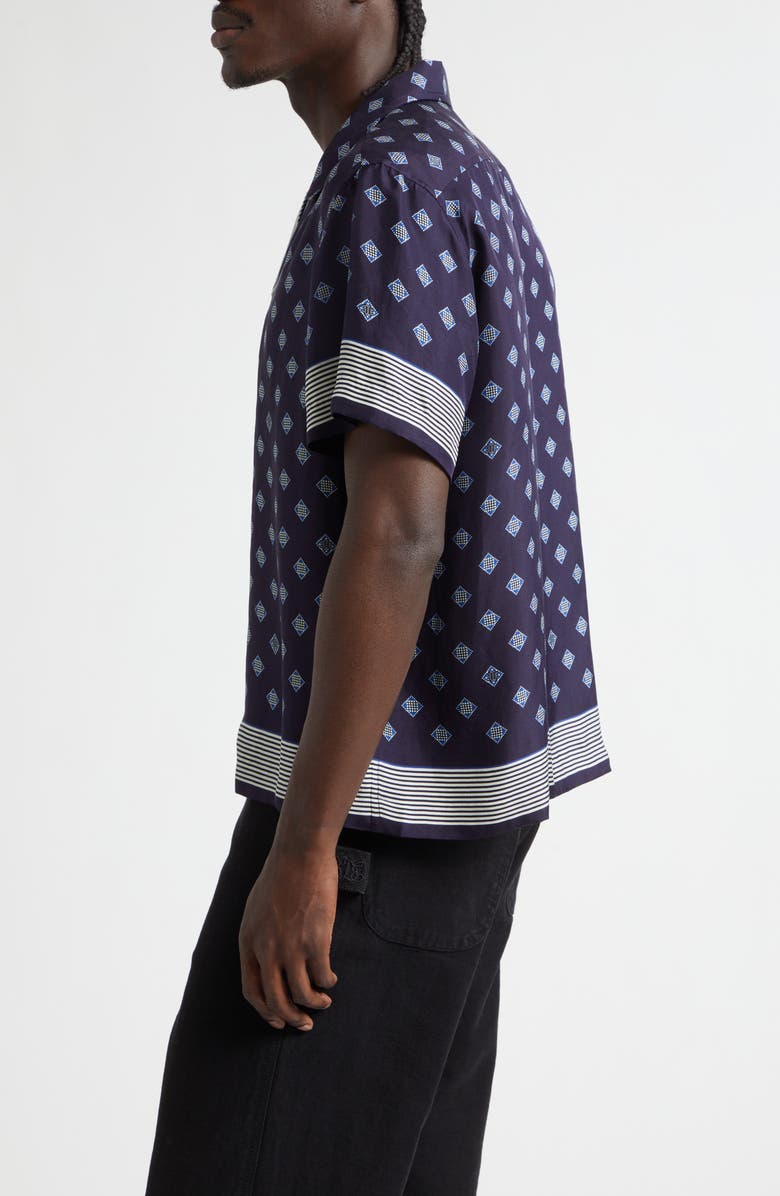 Bode Foyer Diamond Print Short Sleeve Silk Button-Up Shirt, Alternate, color, Navy Blue