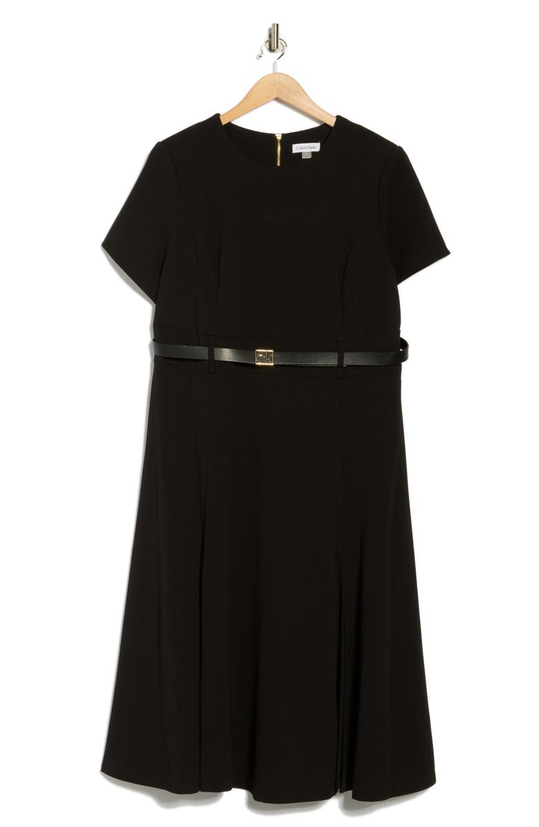 Calvin Klein Short Sleeve Belted A-Line Midi Dress, Alternate, color, Black