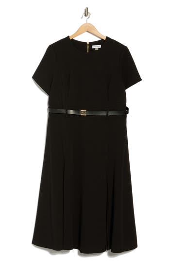 Calvin Klein Short Sleeve Belted A-line Midi Dress In Black