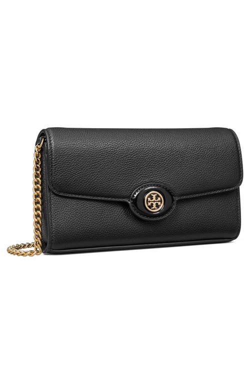 Tory Burch Robinson Pebble Leather Wallet On A Chain In Black/black