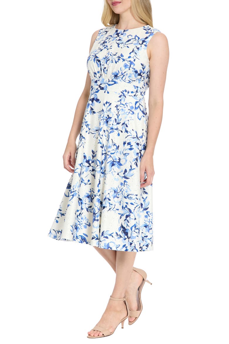 Floral Sleeveless Inset Waist Eyelet Midi Dress, Alternate, color, IVORY/ BLUE