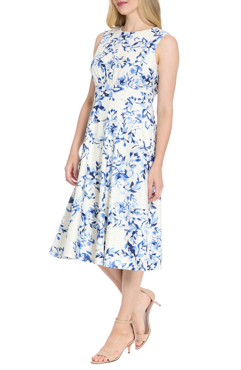 London Times Floral Sleeveless Inset Waist Eyelet Midi Dress, Alternate, color, Ivory/ Blue