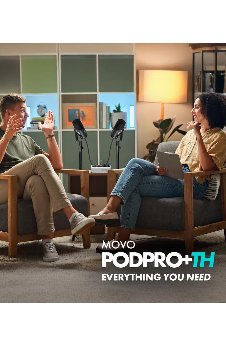 MOVO Podcast Equipment Bundle for iPhone & Android with Audio Interface, 2 Dynamic Mics, 2 Headphones, and Table Stands, Alternate, color, Black