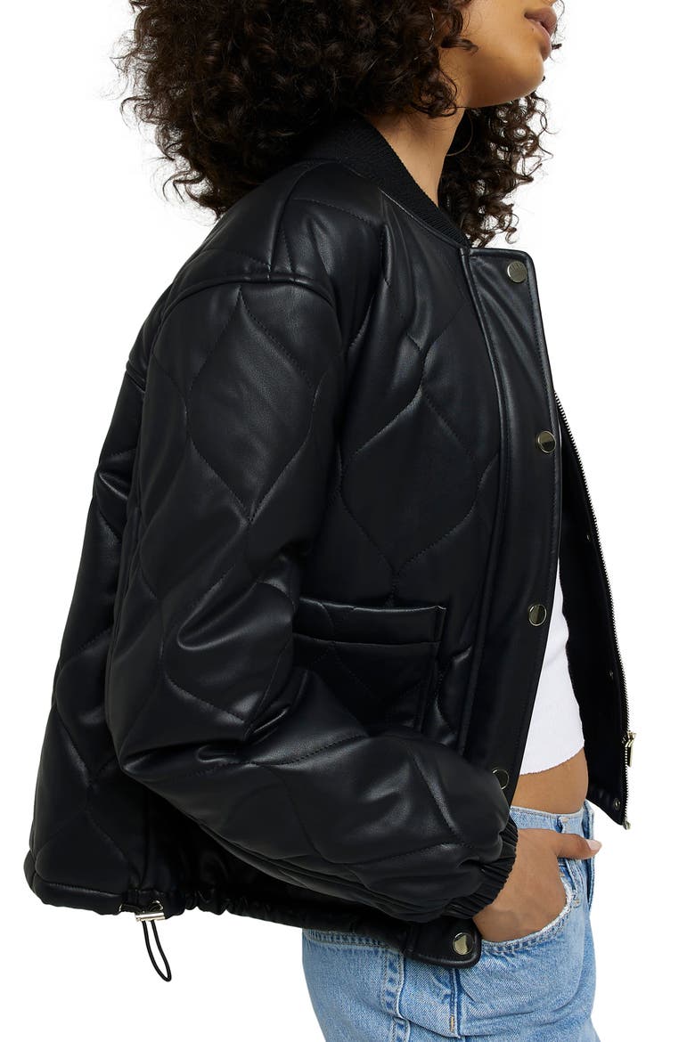 Quilted Faux Leather Bomber Jacket, Alternate, color, BLACK