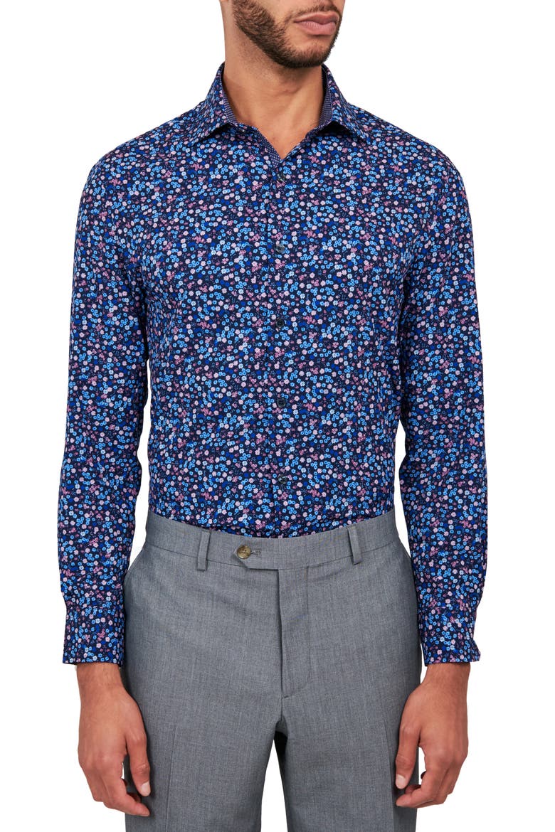 Liberty Floral Print Stretch Performance Dress Shirt, Main, color, NAVY