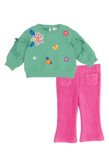 Rare Editions Floral Sweatshirt & Corduroy Pants Set In Green