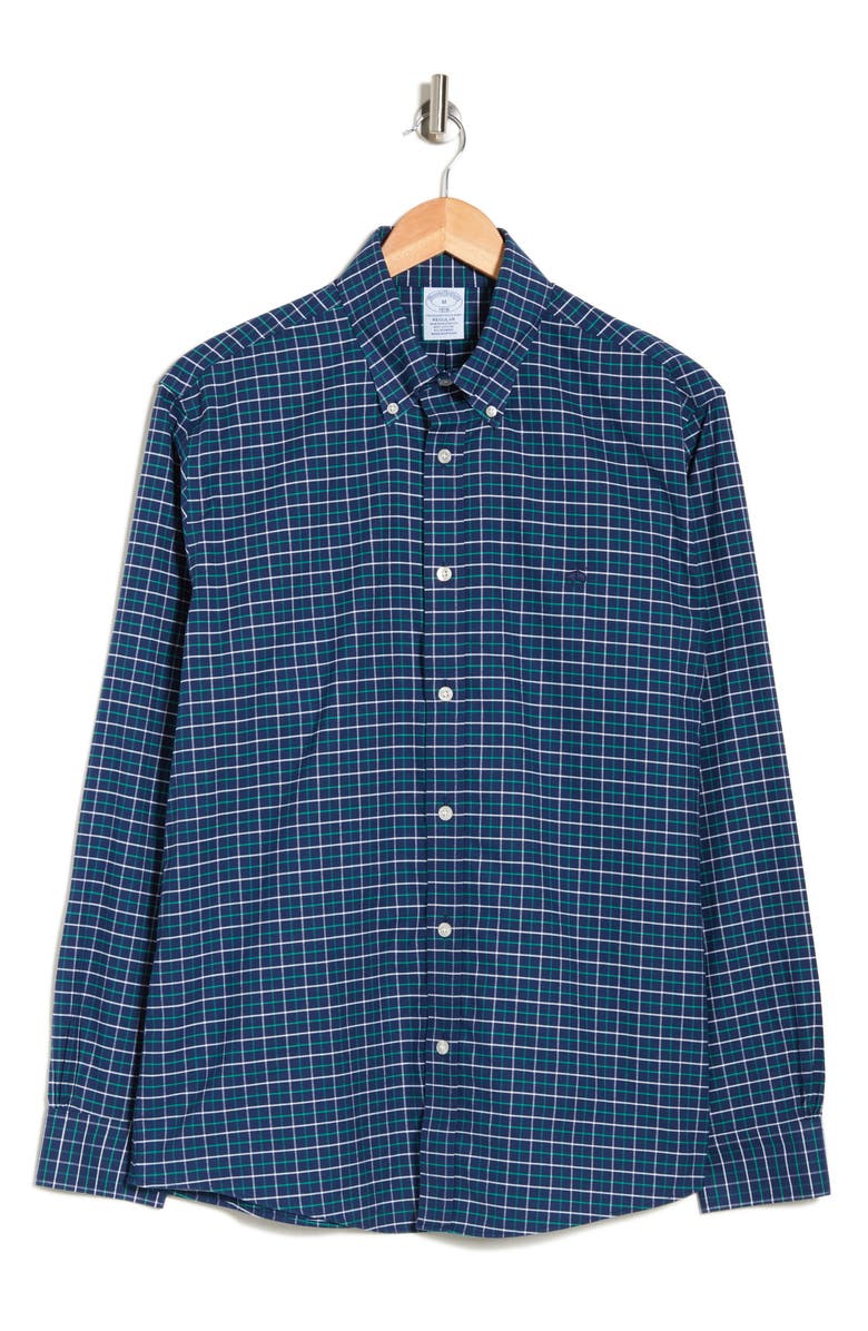 Brooks Brothers Tattersall Cotton Blend Button-Down Shirt, Alternate, color, Navy Tatt
