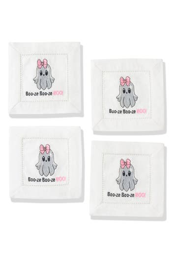 Tiramisu Boo-ze Boo-ze Boo Embroidered Linen Cocktail Napkins In White