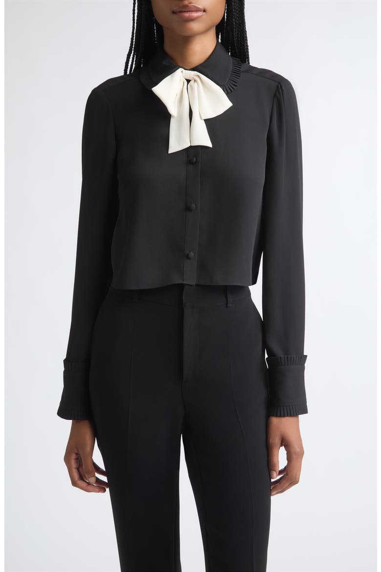 Zaida Contrast Bow Crop Button-Up Shirt, Main, color, BLACK/ IVORY