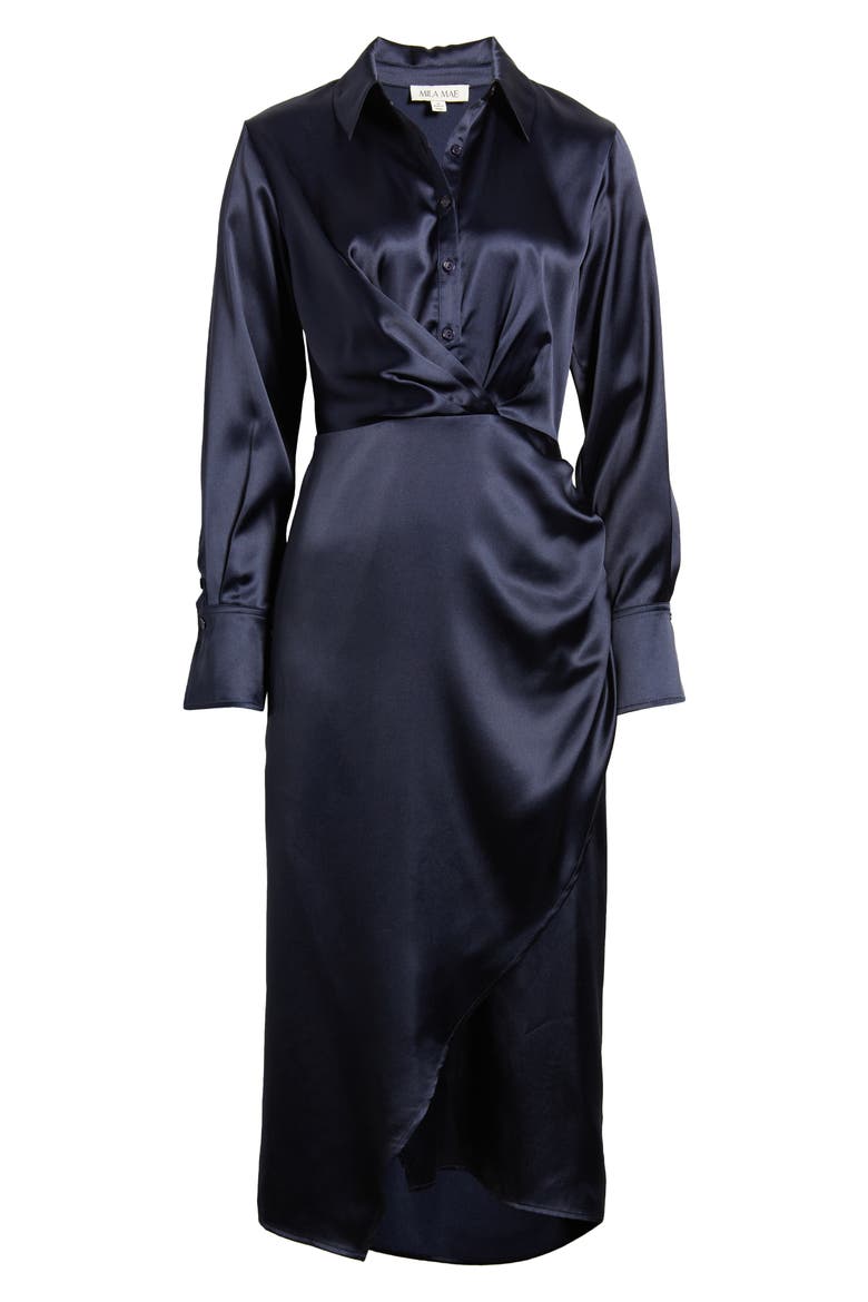 Long Sleeve Satin Shirtdress, Alternate, color, NAVY