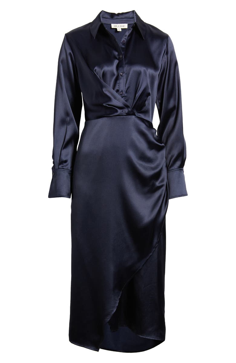 Mila Mae Long Sleeve Satin Shirtdress, Alternate, color, Navy