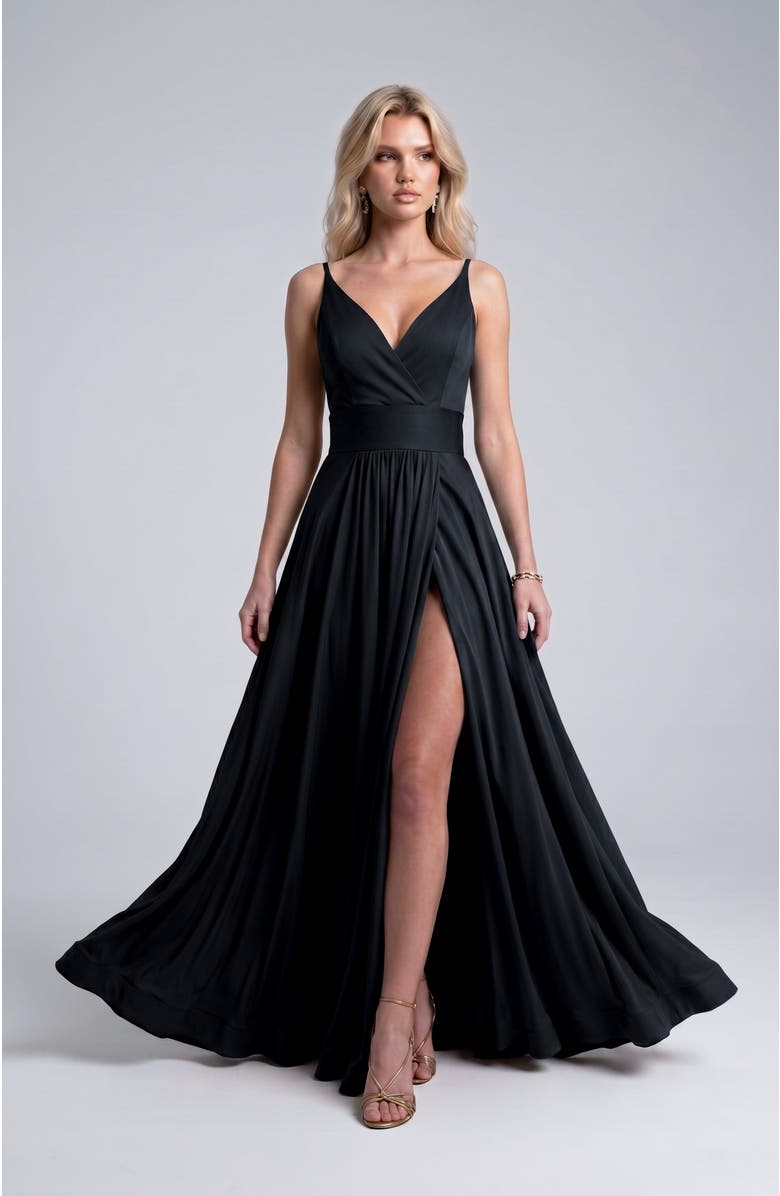 Jessica Angel Cross Front Neck Empire Waist Satin Gown, Main, color, Black