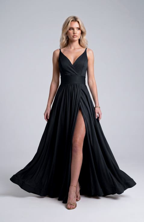 Cross Front Neck Empire Waist Satin Gown