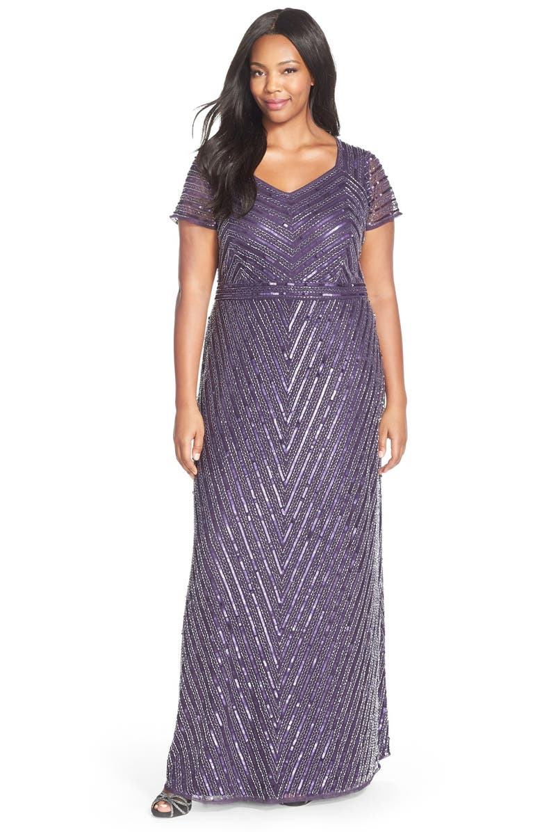 Adrianna Papell Embellished Cap Sleeve Gown, Main, color, 