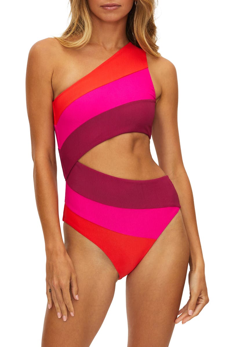 Beach Riot Joyce Cutout One-Shoulder One-Piece Swimsuit, Main, color, Be Mine Color Block
